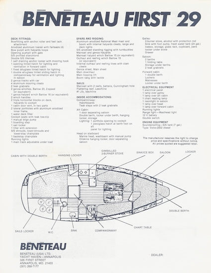 Beneteau First 29 Specification Sheet