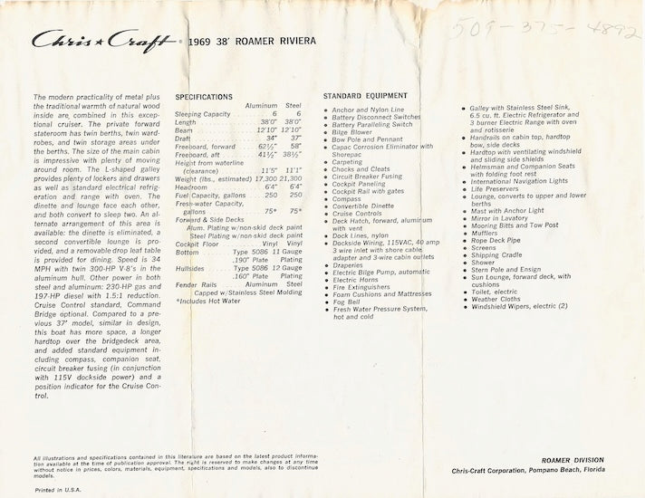 Chris Craft Roamer 38 Riviera Specification Brochure