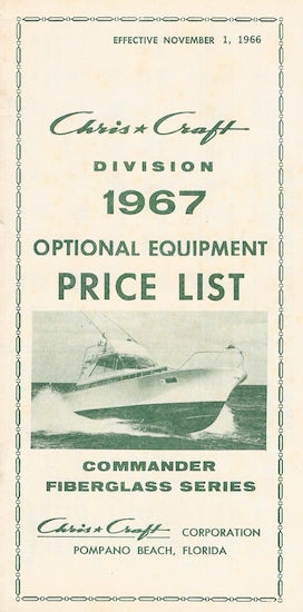 Chris Craft 1967 Commander Optional Equipment Price List