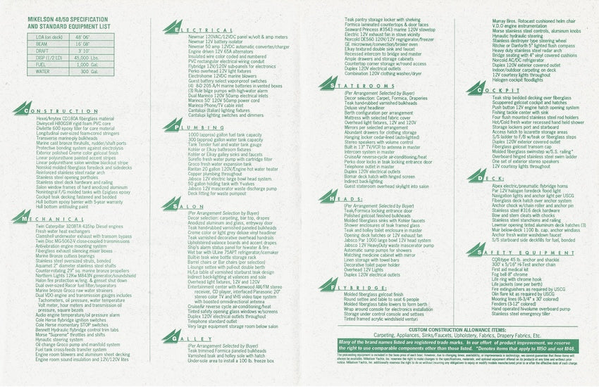 Mikelson 48 Sedan / 50 Sportfisher Specification Brochure