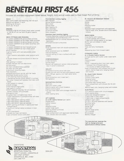 Beneteau First 456 Specification Sheet