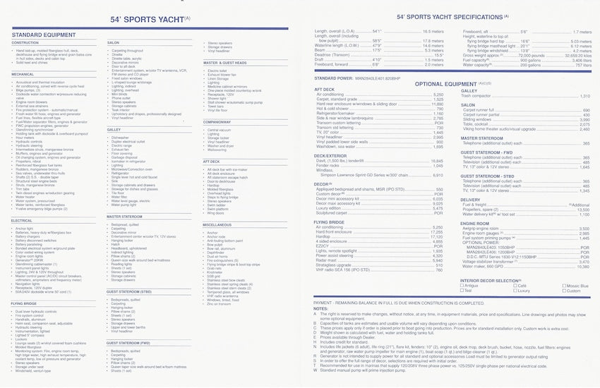 Viking 54 Sports Yacht Specification Brochure