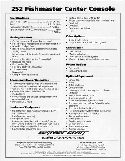 Sport Craft Fishmaster 252 Center Console Brochure