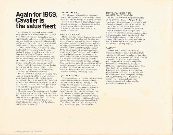 Chris Craft 1969 Cavalier Folder Brochure