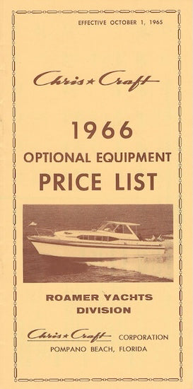 Chris Craft 1966 Roamer Optional Equipment Price List