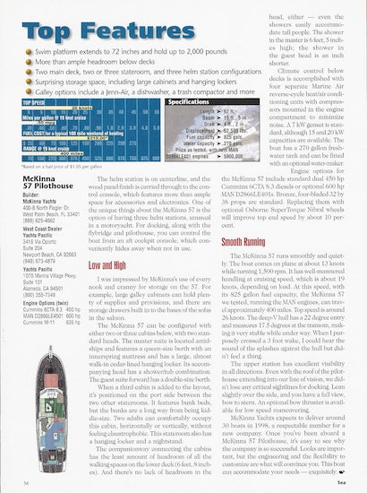 McKinna 57 Pilothouse Sea Magazine Reprint Brochure