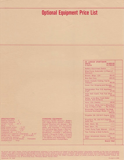 Chris Craft Lancer 25 Sportsman Specification Brochure