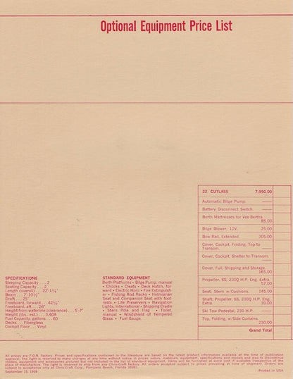Chris Craft Cutlass 22 Specification Brochure