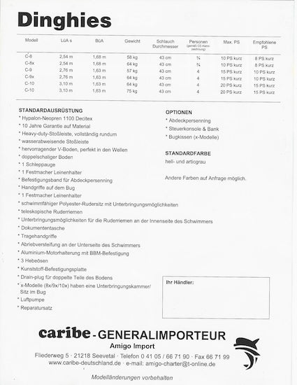 Caribe Dinghies Specification Brochure