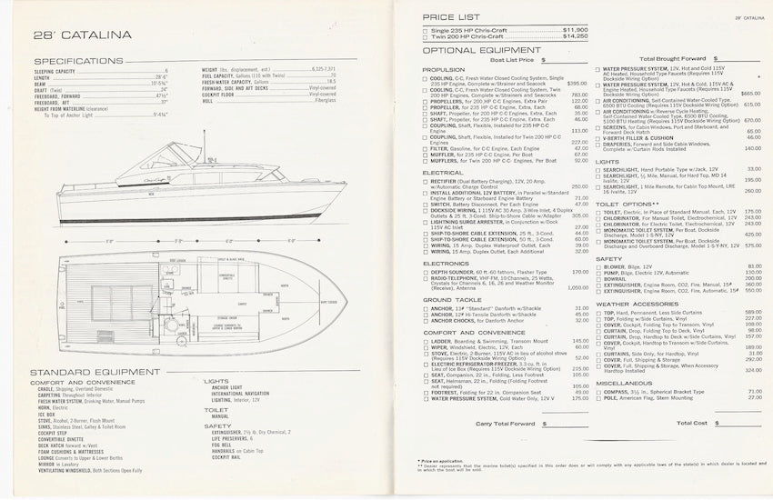 Chris Craft 1972 Catalina Specification and Price Brochure
