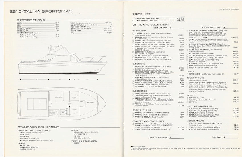 Chris Craft 1972 Catalina Specification and Price Brochure
