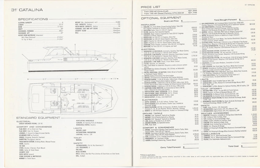 Chris Craft 1972 Catalina Specification and Price Brochure