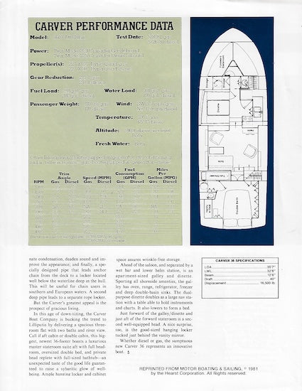 Carver 36 Aft Cabin Motorboating & Sailing Magazine Reprint Brochure
