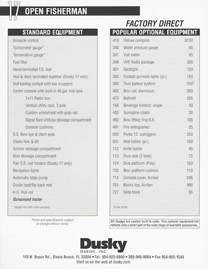 Dusky 17 Open Fisherman Specification Brochure