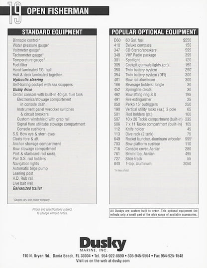 Dusky 19 Open Fisherman Specification Brochure
