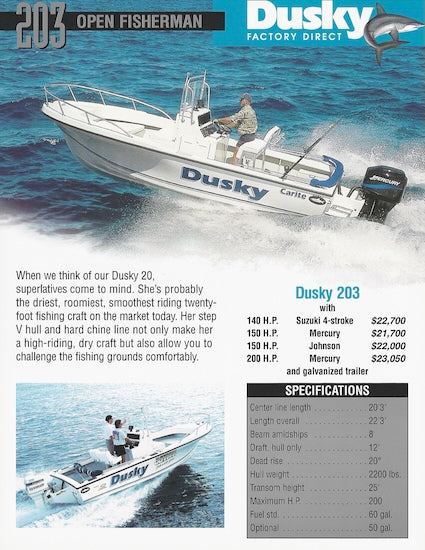 Dusky 203 Open Fisherman Specification Brochure