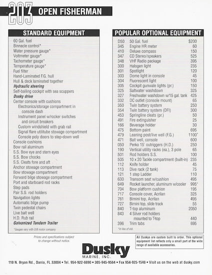 Dusky 203 Open Fisherman Specification Brochure