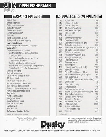 Dusky 203 Open Fisherman Specification Brochure