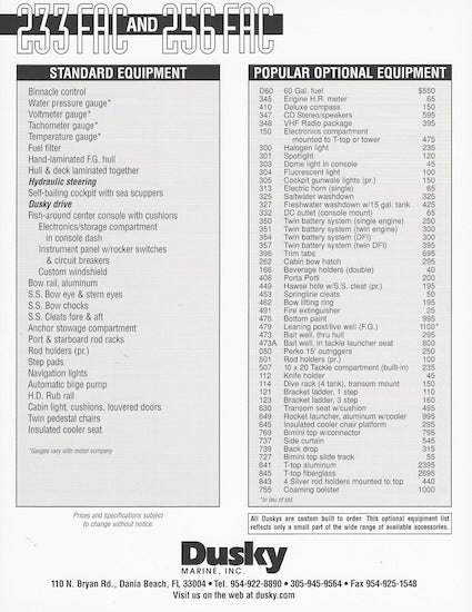 Dusky 233/256 Fish-around Cabin Specification Brochure