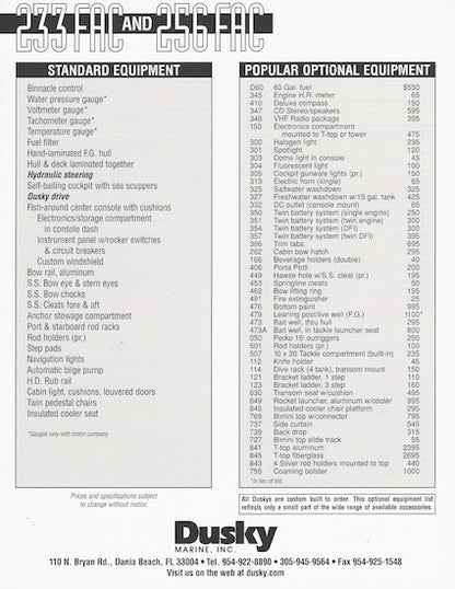 Dusky 233/256 Fish-around Cabin Specification Brochure