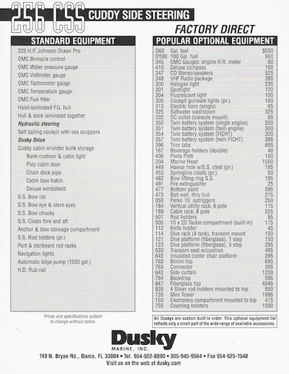 Dusky 256 Cuddy Side Steering Brochure Specification Brochure
