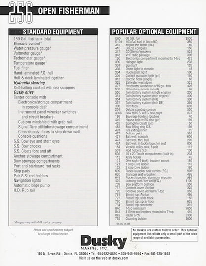 Dusky 256 Open Fisherman Specification Brochure