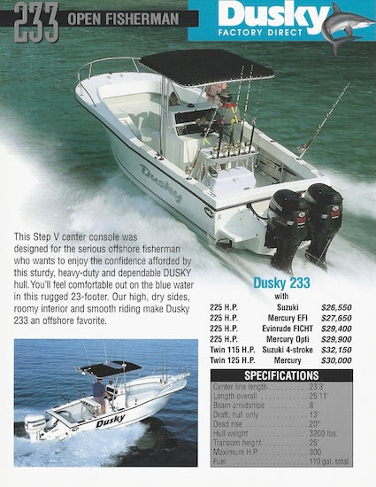 Dusky 233 Open Fisherman Specification Brochure