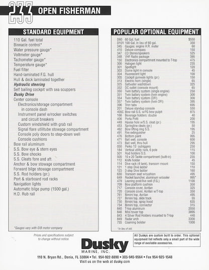Dusky 233 Open Fisherman Specification Brochure