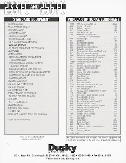 Dusky 233/256 Fisherman Cuddy Specification Brochure