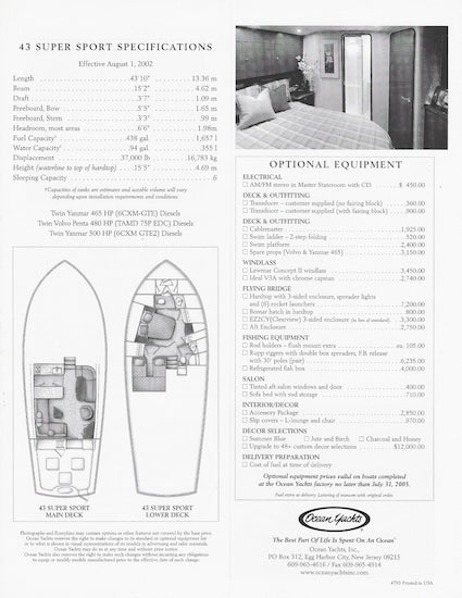 Ocean 43 Super Sport Specification Brochure