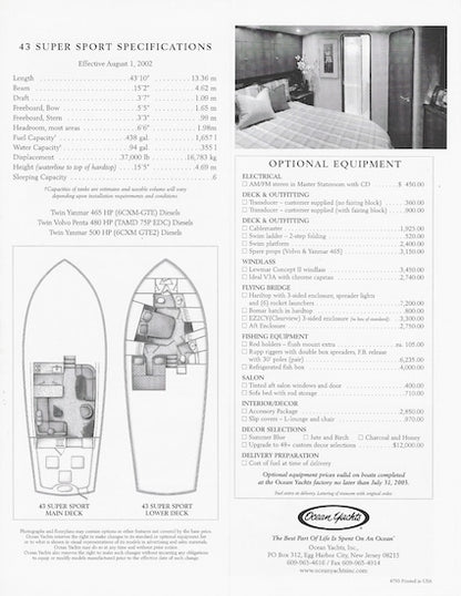 Ocean 43 Super Sport Specification Brochure