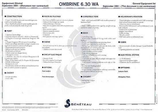 Beneteau Ombrine 630WA Specification Brochure