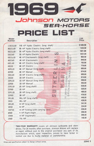 Johnson 1969 Zone 5 Price List Brochure