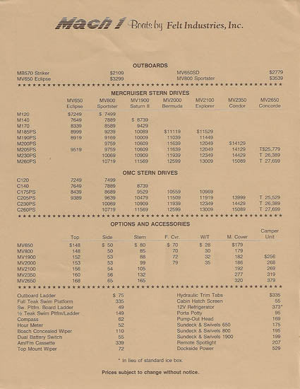 Mach 1 One 1986 Dealer Price List