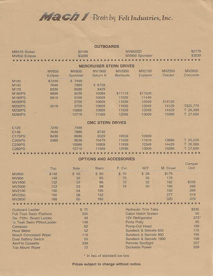 Mach 1 One 1986 Dealer Price List