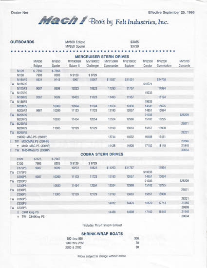 Mach 1 One 1987 Dealer Price List