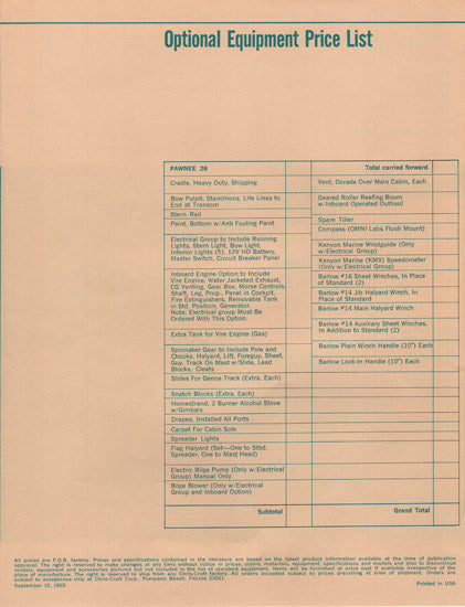 Chris Craft Pawnee 26 Specification Brochure