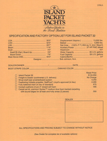 Island Packet 32 Specification Brochure