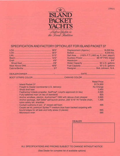 Island Packet 37 Specification Brochure