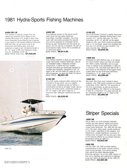 Hydra Sports 1981 Dealer Price Brochure