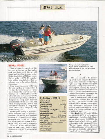 Hydra Sports 1800CC Sportfishing Magazine Reprint Brochure