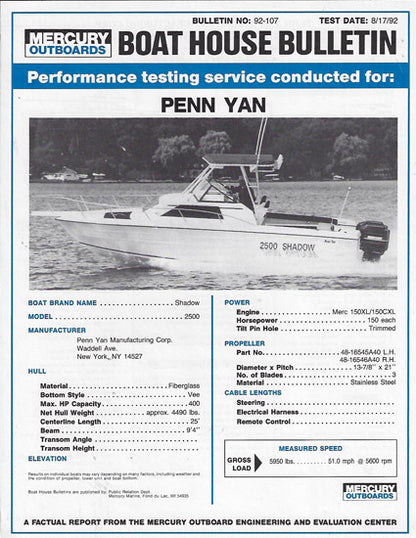 Penn Yan Shadow 2500 Mercruiser Performance Report Brochure