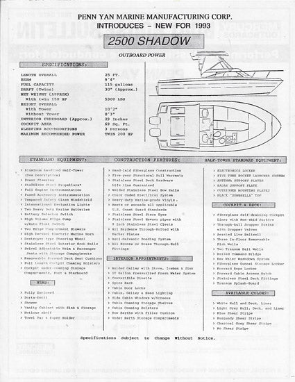Penn Yan Shadow 2500 Mercruiser Performance Report Brochure