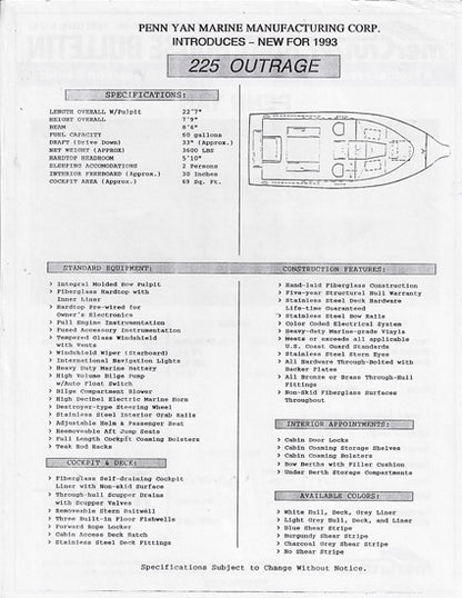 Penn Yan Outrage 225 Mercruiser Performance Report Brochure