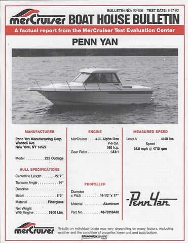 Penn Yan Outrage 225 Mercruiser Performance Report Brochure