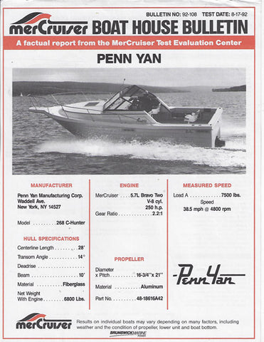 Penn Yan Hunter 268 / 278 Mercruiser Performance Report Brochure