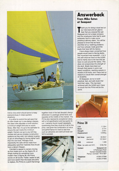Seaquest Prima 38 One Design Yachts & Yachting Magazine Reprint Brochure
