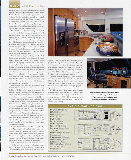 Pacific Mariner 65 SE Boat USA International Magazine Reprint Brochure
