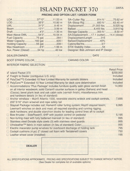 Island Packet 370 Specification Brochure