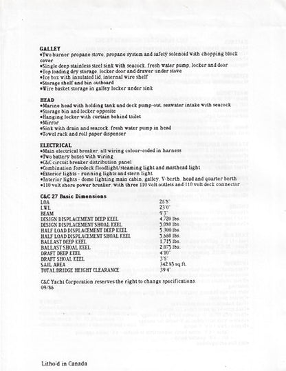 C&C 27 Mark V Specification Brochure